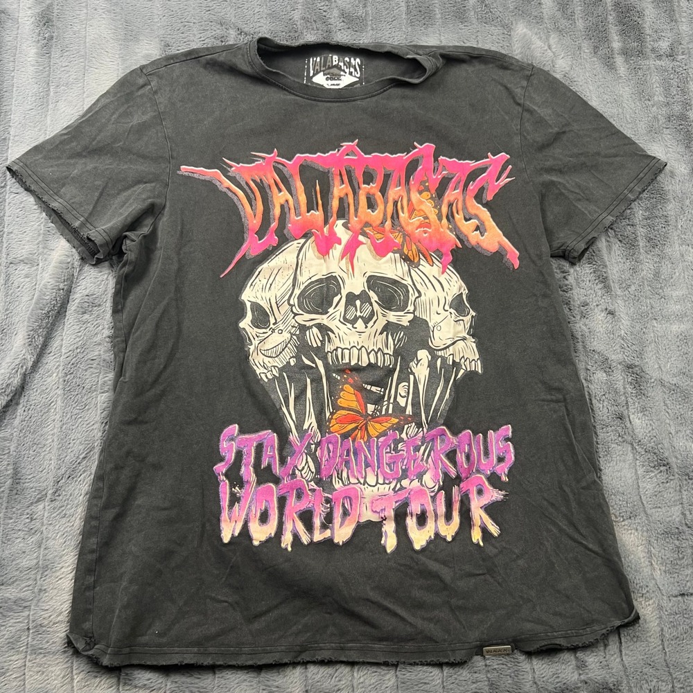 Valabasas Stay Dangerous World Tour Graphic T-Shirt Washed Black Mens L Skulls